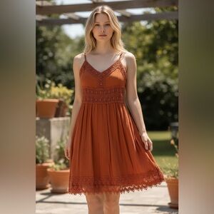 Abercrombie & Fitch Rust Orange Crochet Lace trim Cami Dress - Lined